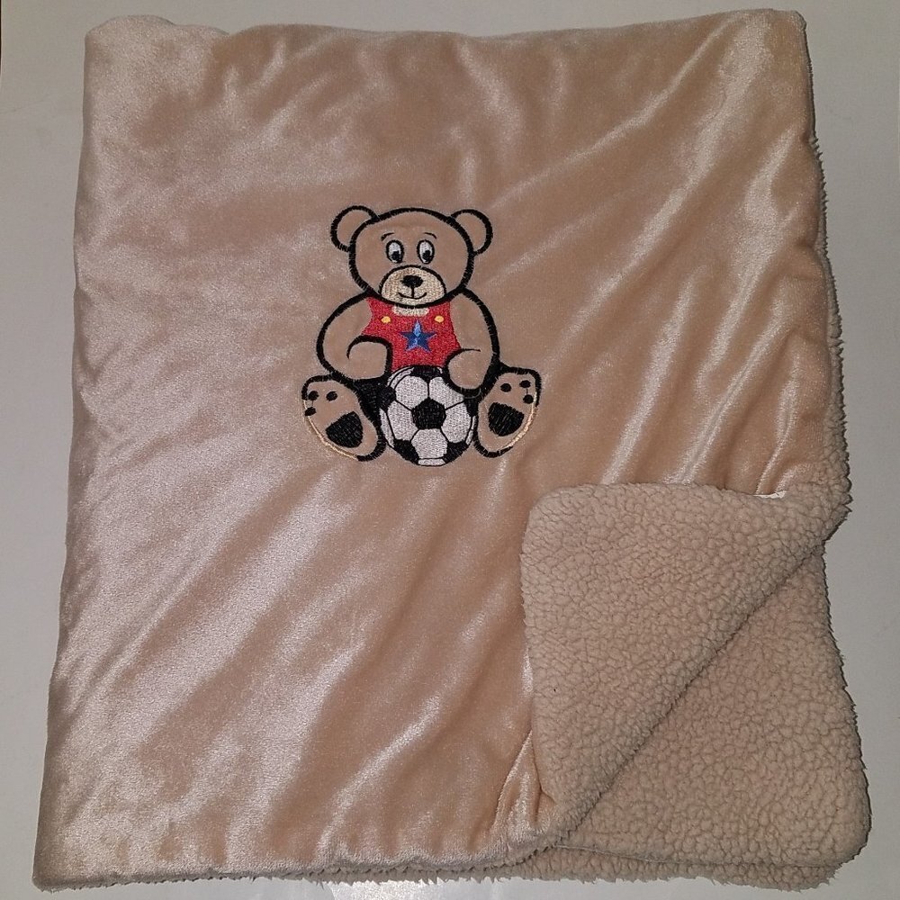 RN 130937 Teddy Bear Soccer Ball Brown Fleece Baby Blanket Lovey Security Red